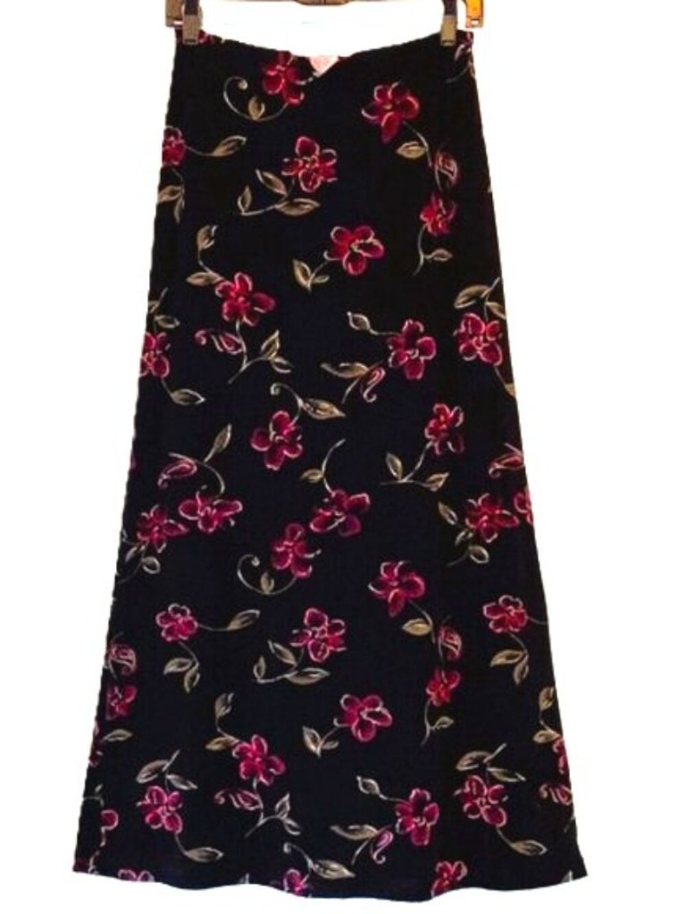 LA BELLE Vintage Classic Maxi Skirt Black with Floral Print USA Womens Medium